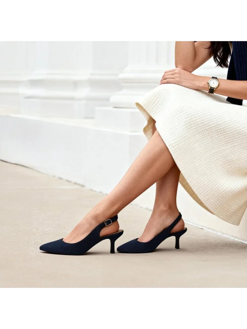 Dream Pairs Women's Navy Suede Pointed Toe Faux Leather Kitten Slingback Heels